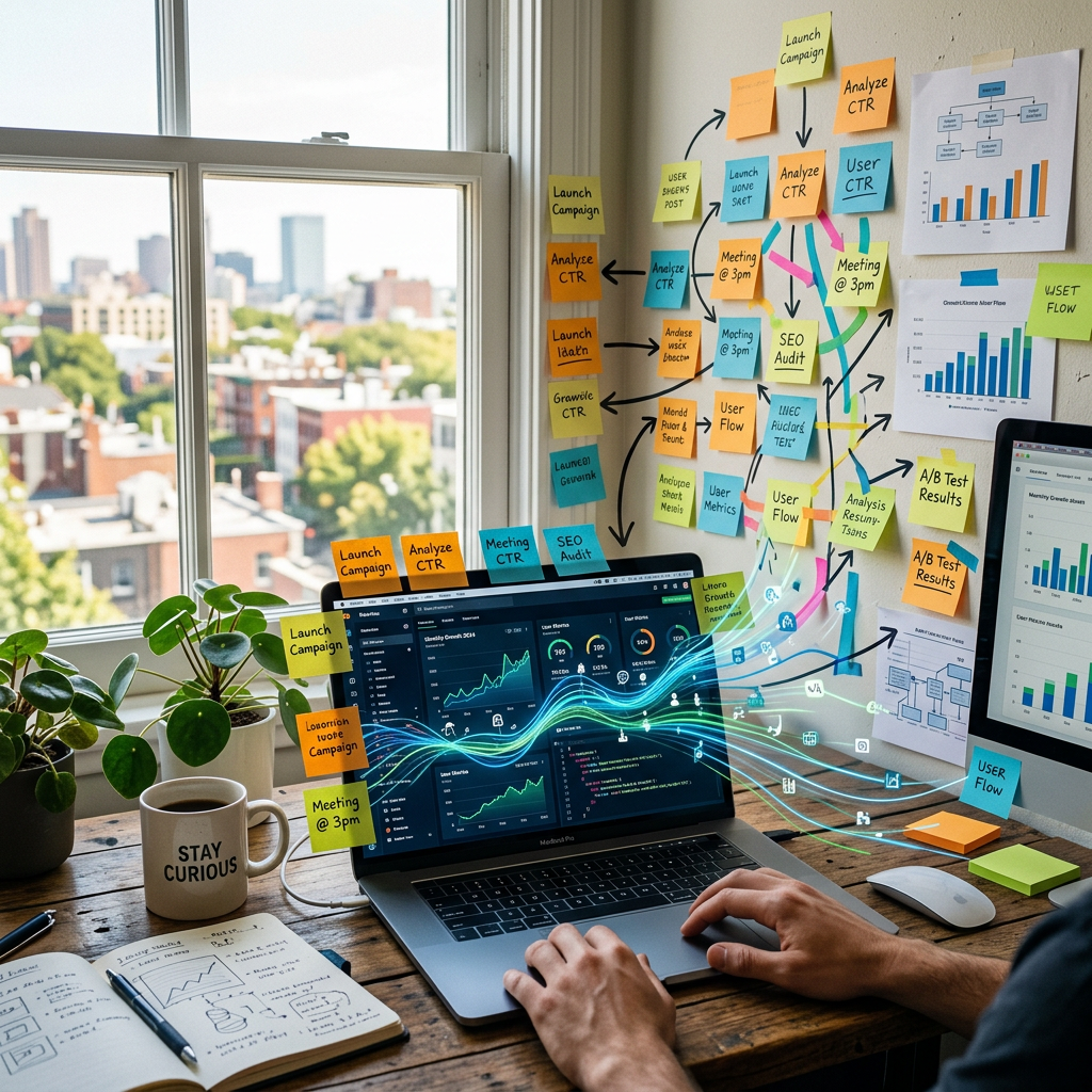 Laptop displaying digital marketing analytics dashboard with surrounding sticky notes and charts