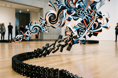 Curved line of dominoes leading to swirling abstract art installation