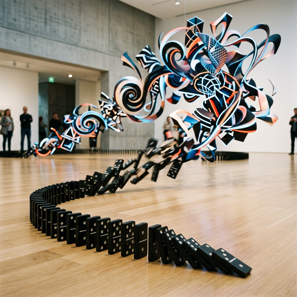 Curved line of dominoes leading to swirling abstract art installation