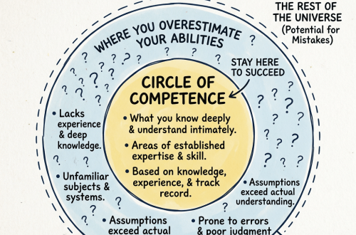 Circle of competence illustrating core knowledge and skills in center, surrounded by areas of incompetence with associated icons and labels.