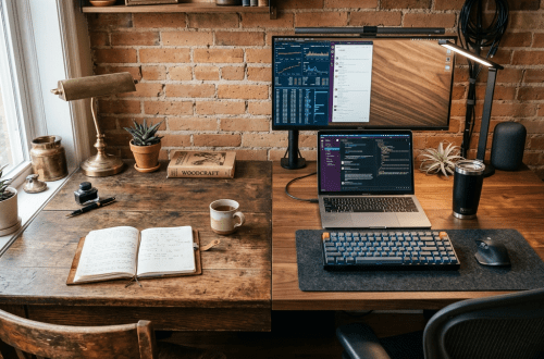 Workspace with wooden desks, open notebook, laptop, dual monitors, keyboard, mouse, coffee mug, and plants