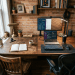 Workspace with wooden desks, open notebook, laptop, dual monitors, keyboard, mouse, coffee mug, and plants