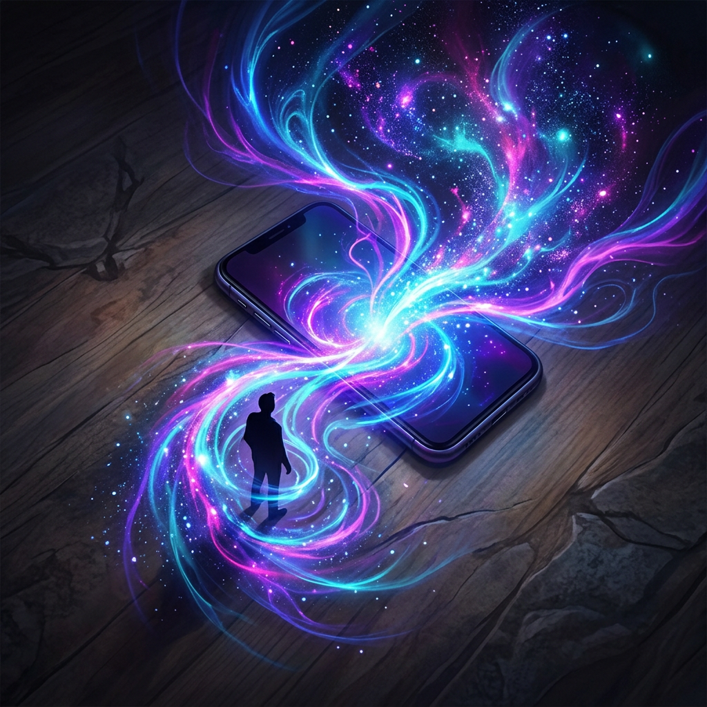 Silhouette figure standing within vibrant blue and purple cosmic swirls emerging from a smartphone on a wooden surface