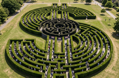 Aerial view of Hampton Court Garden hedge maze with visitors walking through paths
