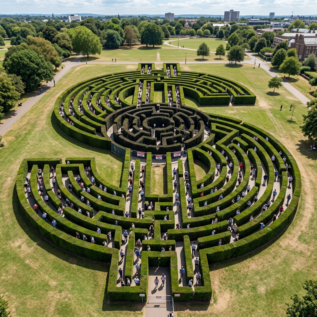 Aerial view of Hampton Court Garden hedge maze with visitors walking through paths