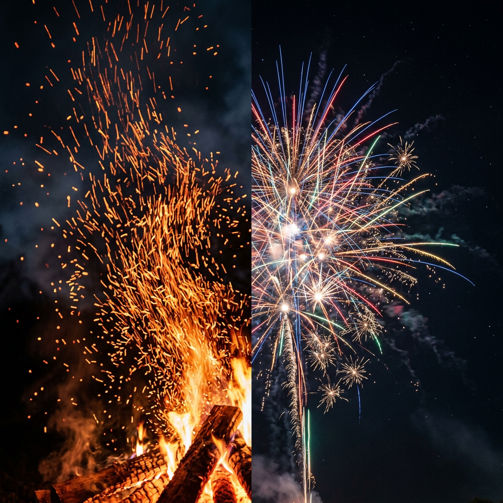 Orange sparks rising from a bonfire contrasted with multicolored fireworks bursting in a dark night sky