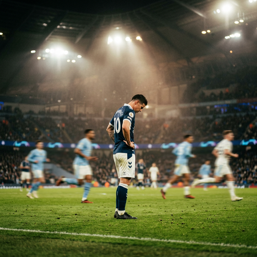 Soccer player in blue jersey with number 10 standing with head down on the field during a game