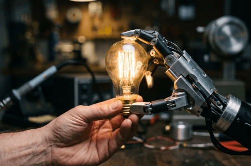 Robotic hand and human hand holding a glowing light bulb together