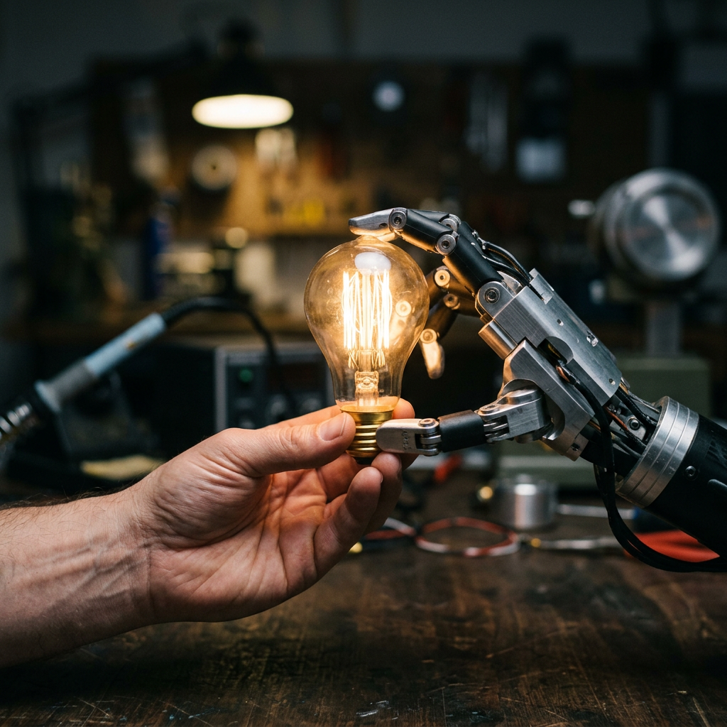 Robotic hand and human hand holding a glowing light bulb together