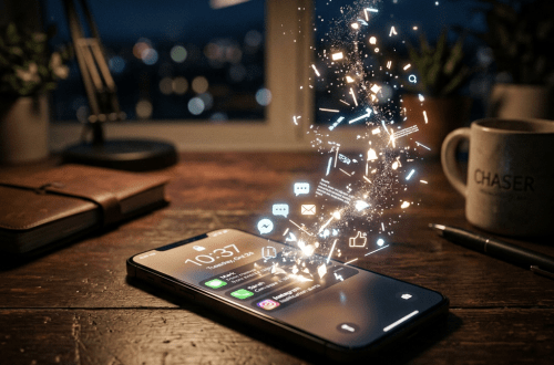 Smartphone displaying notifications with glowing digital icons floating above it