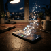Smartphone displaying notifications with glowing digital icons floating above it