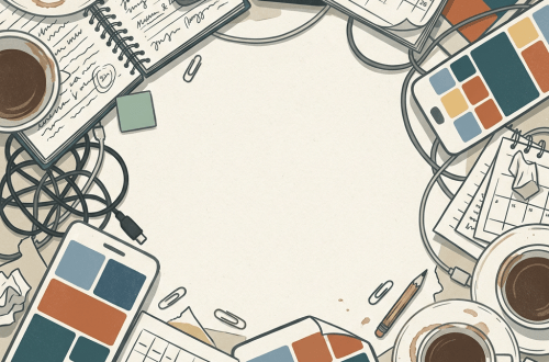 Overhead workspace with planners, coffee cups, tablets, color palettes, and blank center