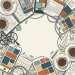 Overhead workspace with planners, coffee cups, tablets, color palettes, and blank center