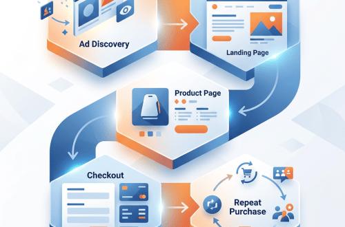 Diagram labeled Ad Discovery, Landing Page, Product Page, Checkout, and Repeat Purchase