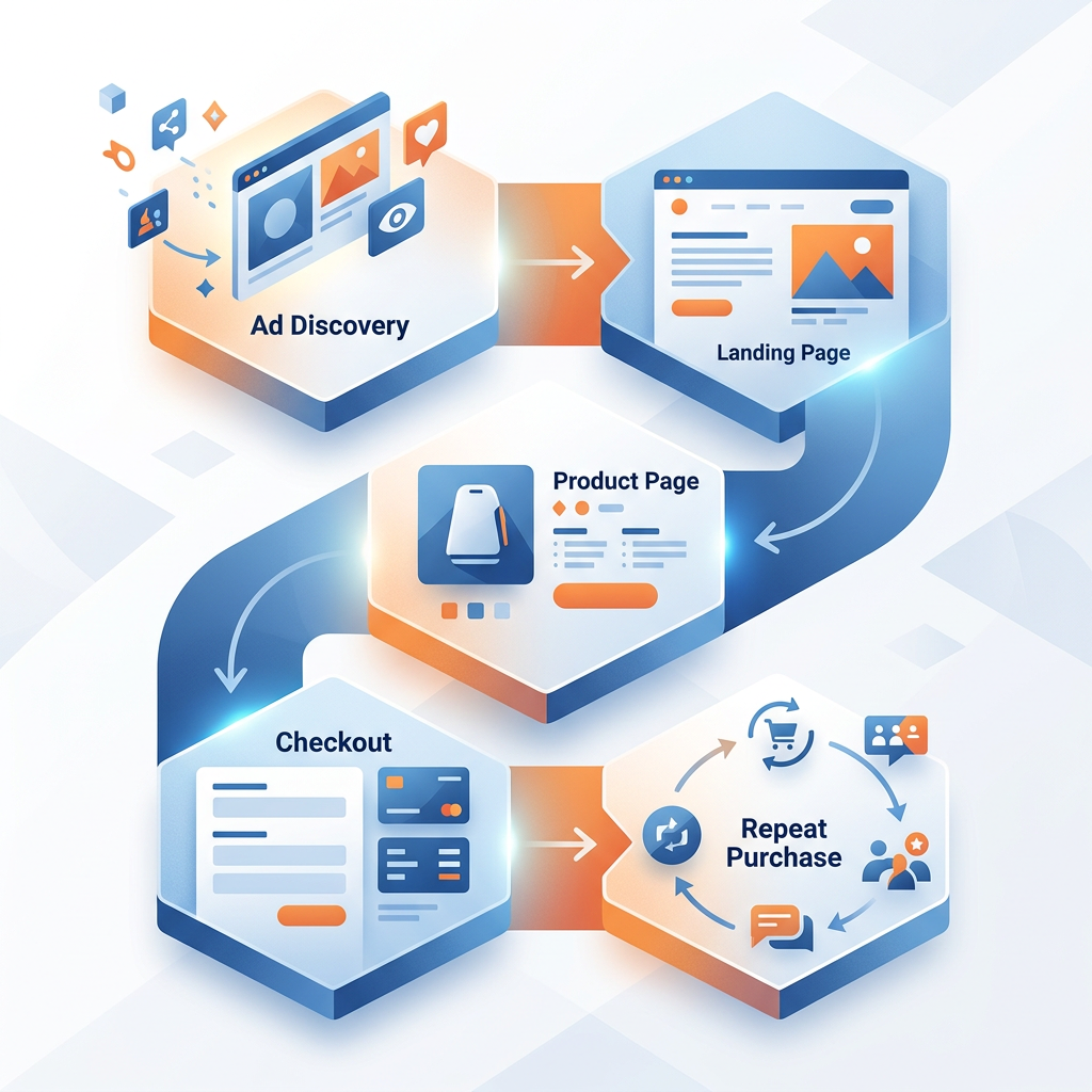 Diagram labeled Ad Discovery, Landing Page, Product Page, Checkout, and Repeat Purchase