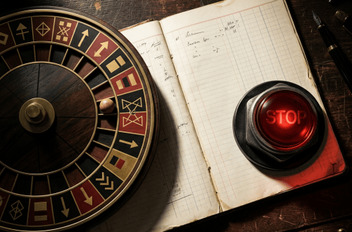 Open notebook beside a symbolic wheel and red STOP button