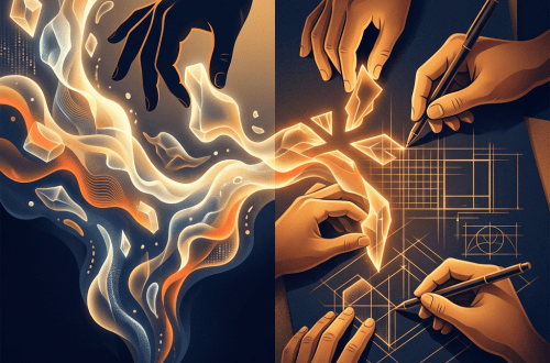 Abstract glowing forms beside hands drafting geometric designs