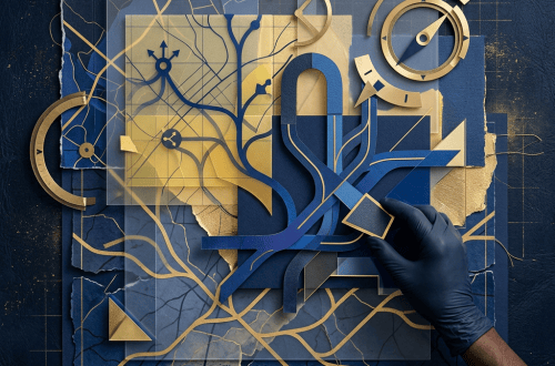 Gloved hand arranging abstract blue and gold map pathways with compass symbols