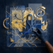 Gloved hand arranging abstract blue and gold map pathways with compass symbols