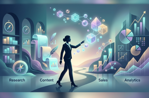 Silhouette linking Research, Content, Sales, and Analytics through charts