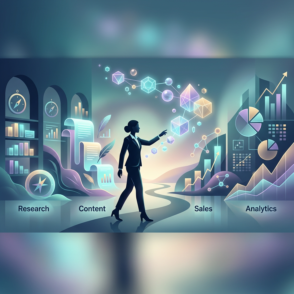 Silhouette linking Research, Content, Sales, and Analytics through charts